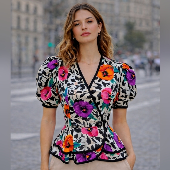 Vintage Tops - Vintage A.J. Bari Petites 100% Silk Floral Blouse–Puff Sleeve Wrap Style Top. 10